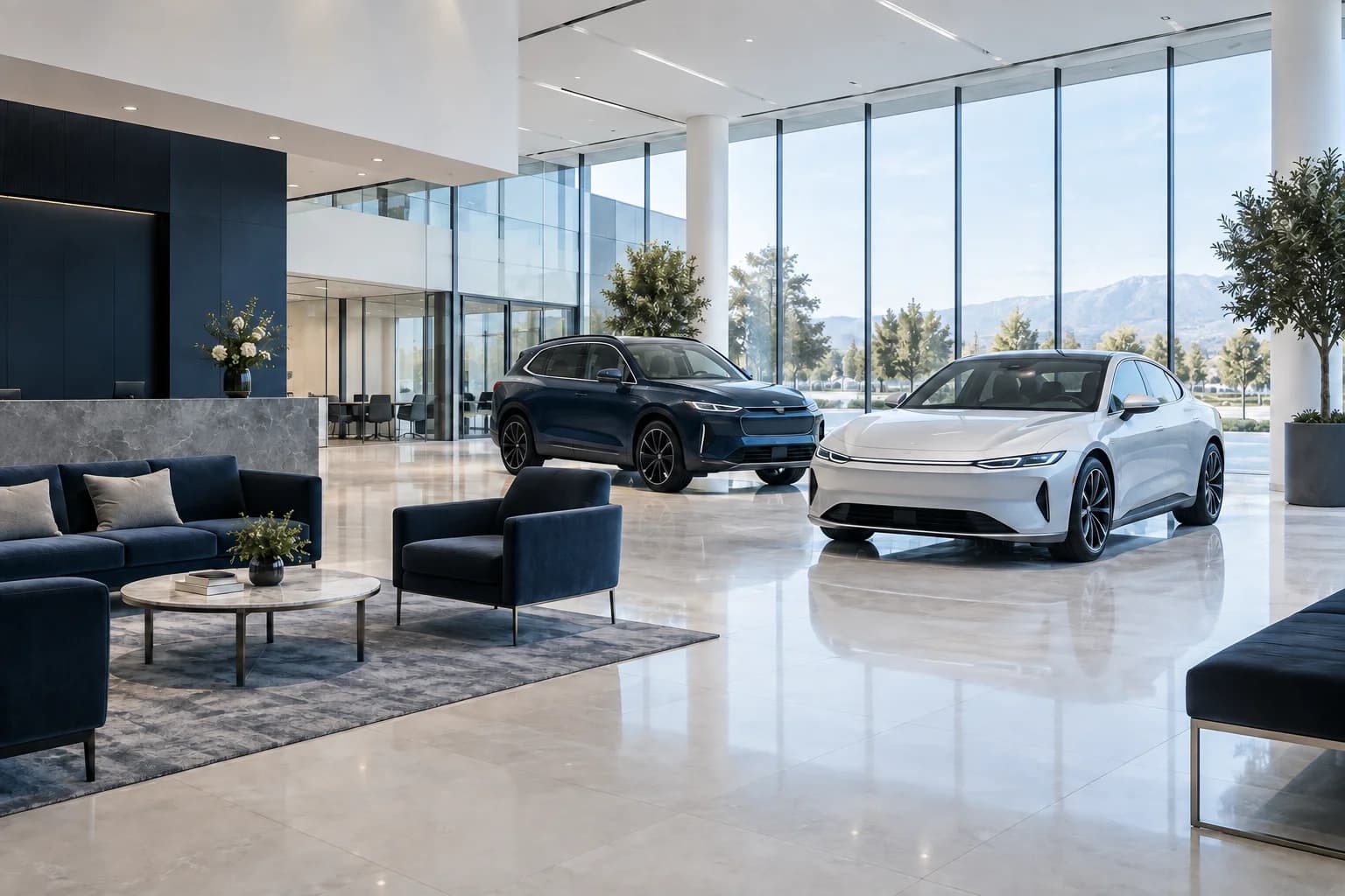 Immaculate contemporary automotive showroom with unbranded vehicles
