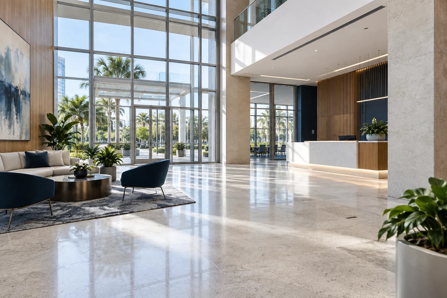 An office lobby of the kind we scope for reception and entrance glass. Illustrative image, not a Bartow job.