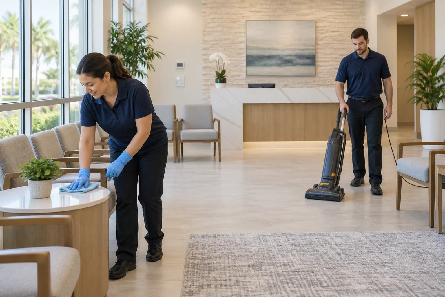 Two cleaners in navy uniforms cleaning a nonclinical outpatient waiting area