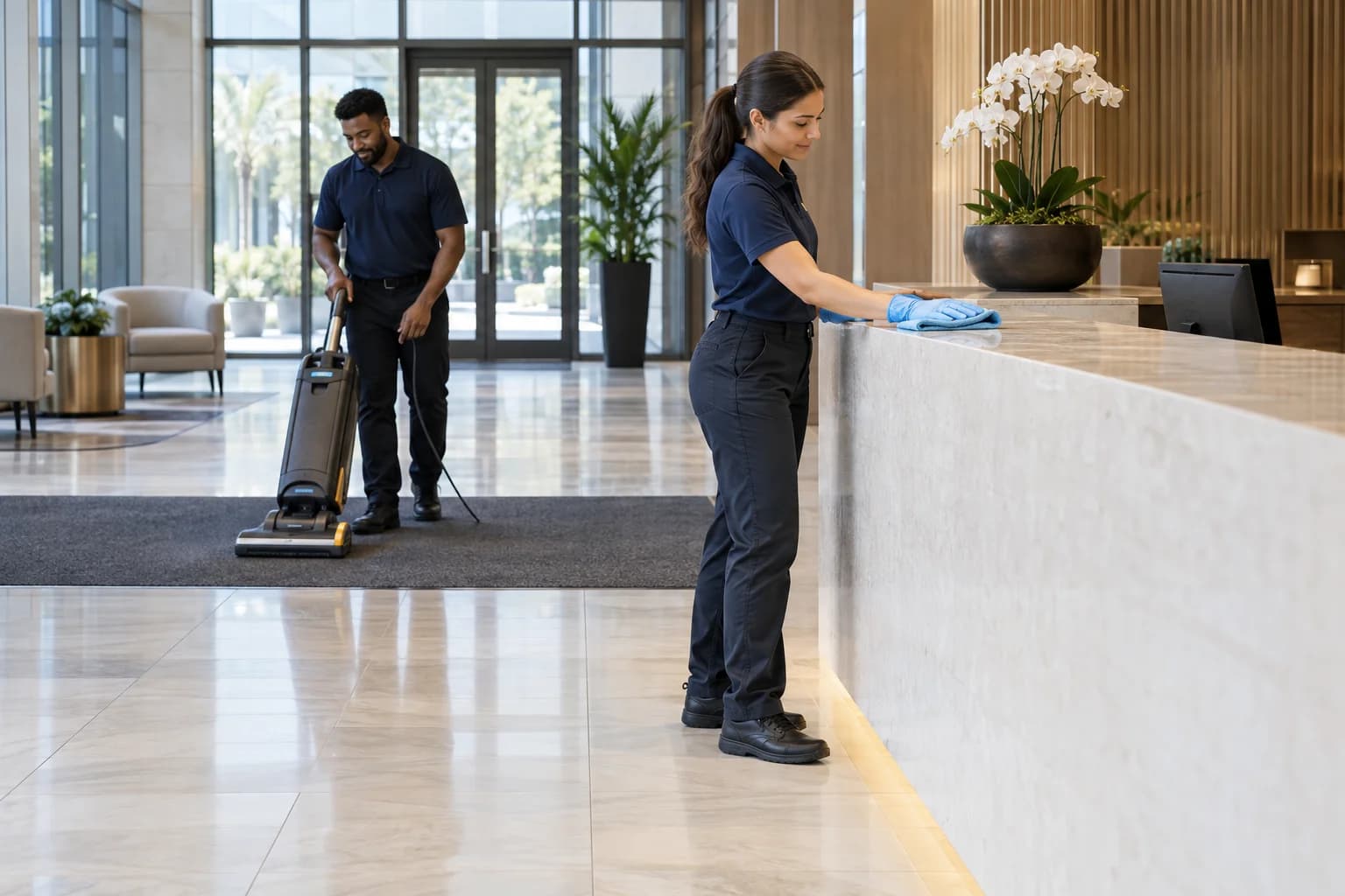 Two cleaners in matching navy uniforms caring for a commercial lobby