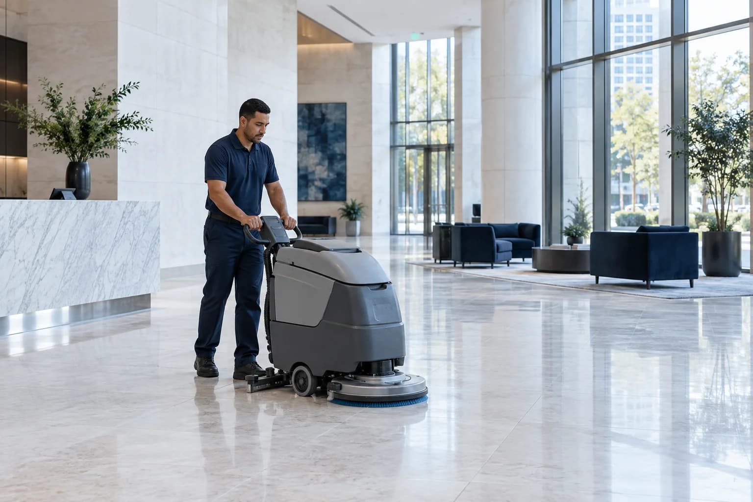 Professional operating a floor scrubber in a bright commercial lobby
