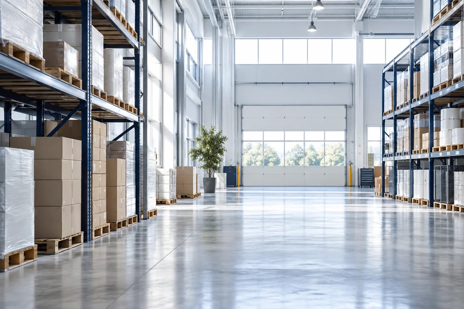 Orderly light-industrial warehouse with clean concrete aisles