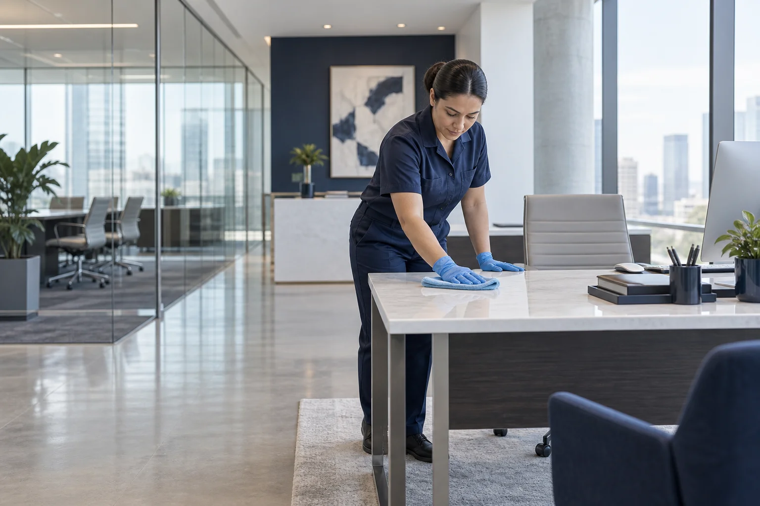 Professional wiping a workstation in a contemporary commercial office