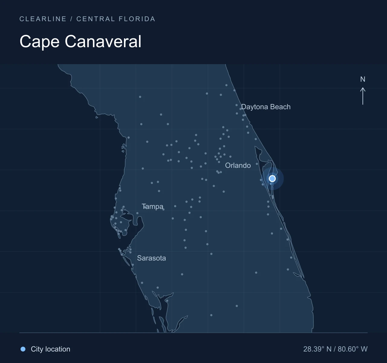 Map highlighting Cape Canaveral in Central Florida