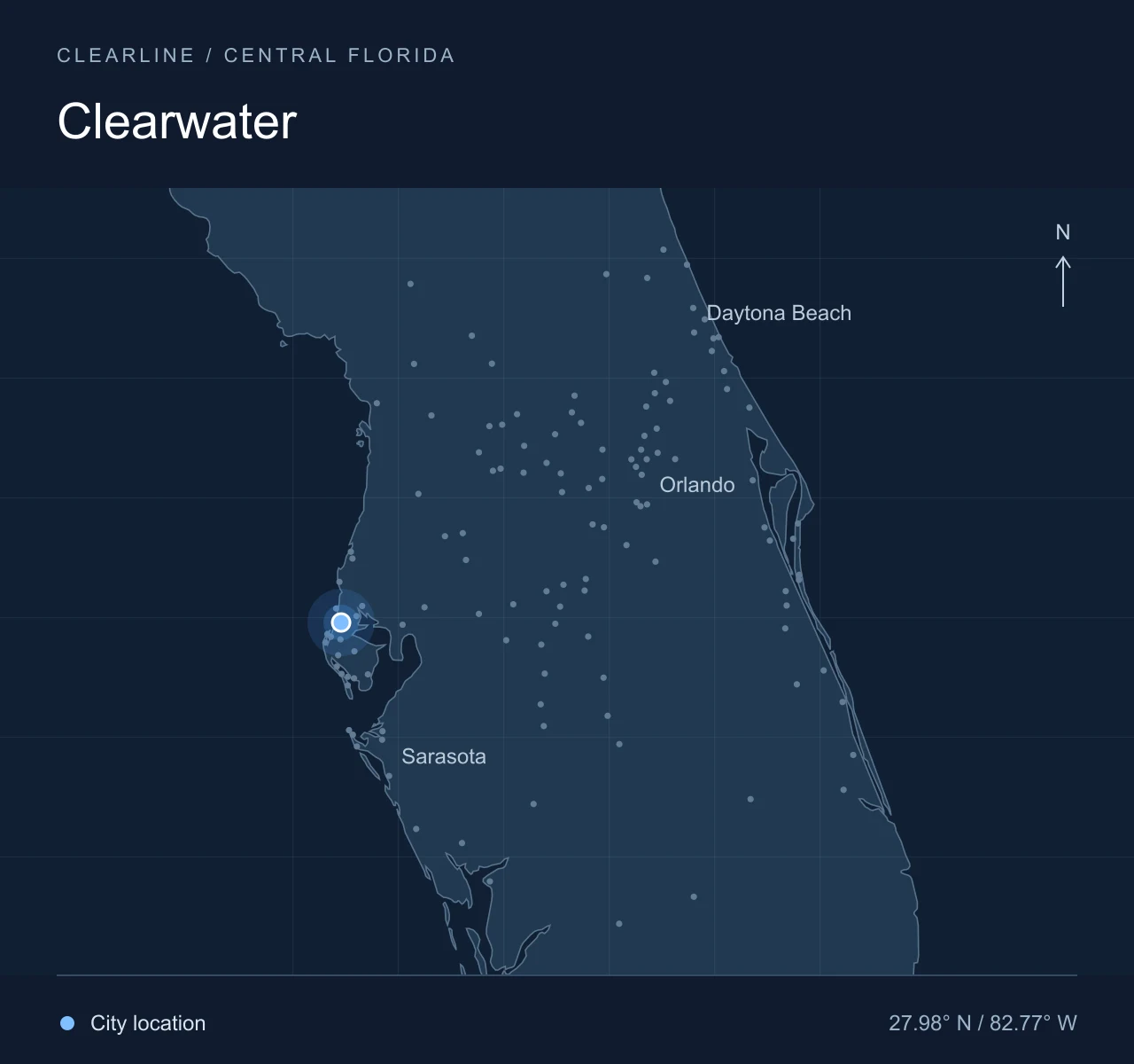 Map highlighting Clearwater in Central Florida