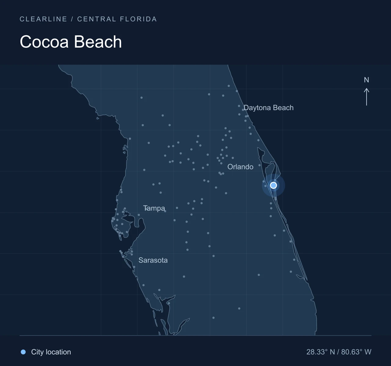 Map highlighting Cocoa Beach in Central Florida