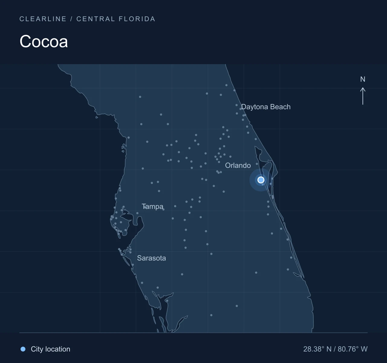 Map highlighting Cocoa in Central Florida