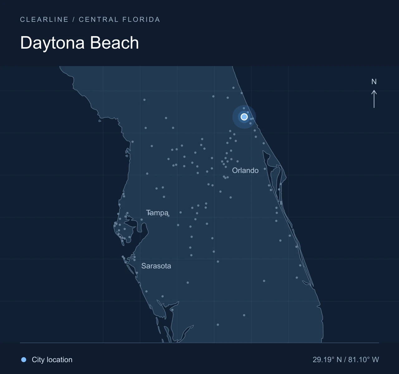 Map highlighting Daytona Beach in Central Florida