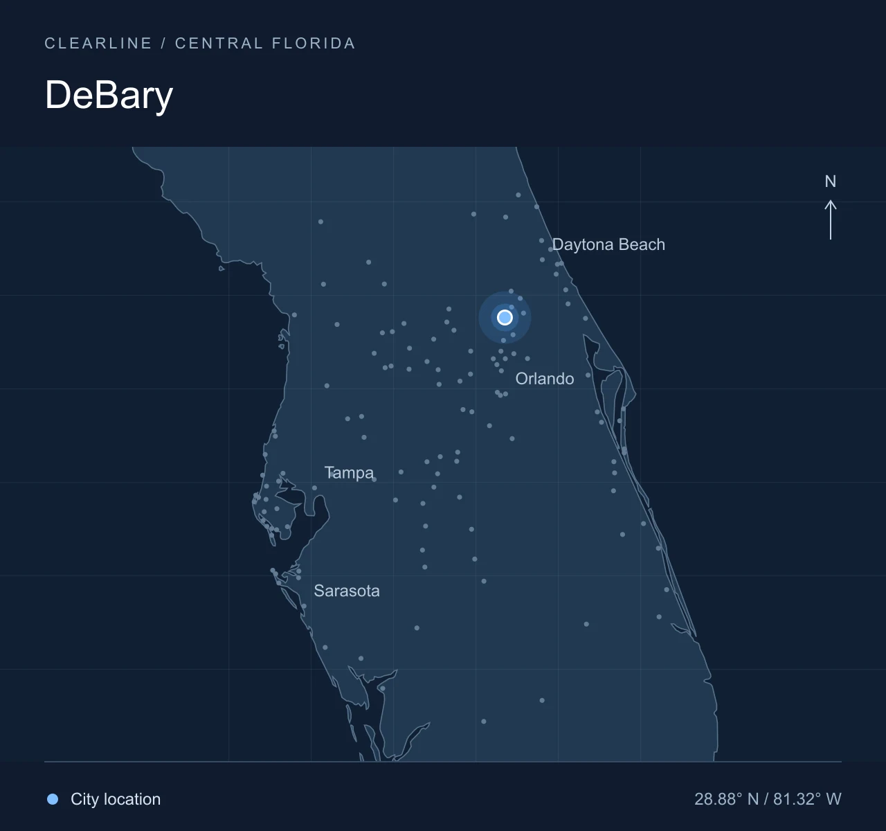 Map highlighting DeBary in Central Florida