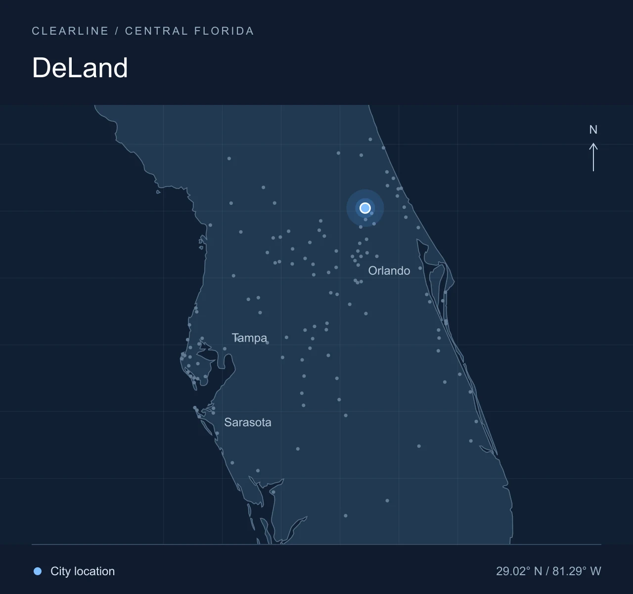 Map highlighting DeLand in Central Florida