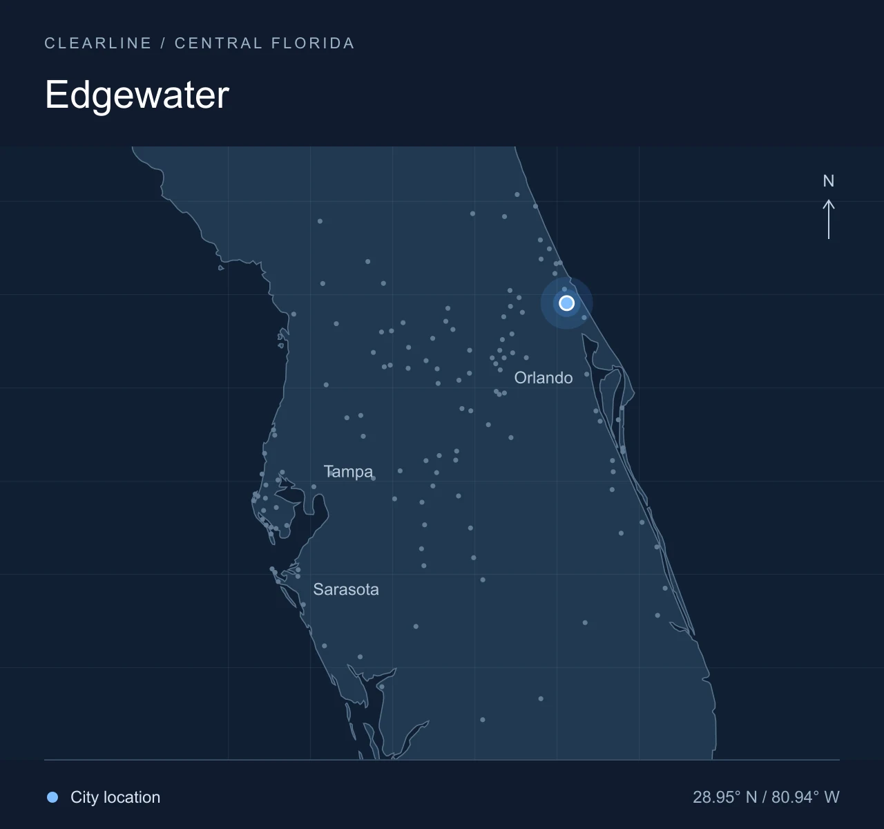 Map highlighting Edgewater in Central Florida