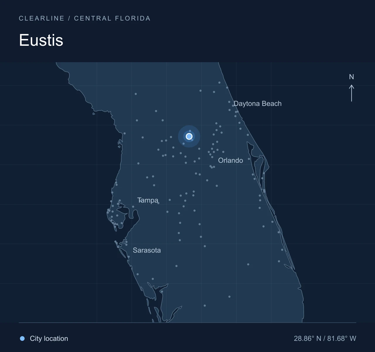Map highlighting Eustis in Central Florida