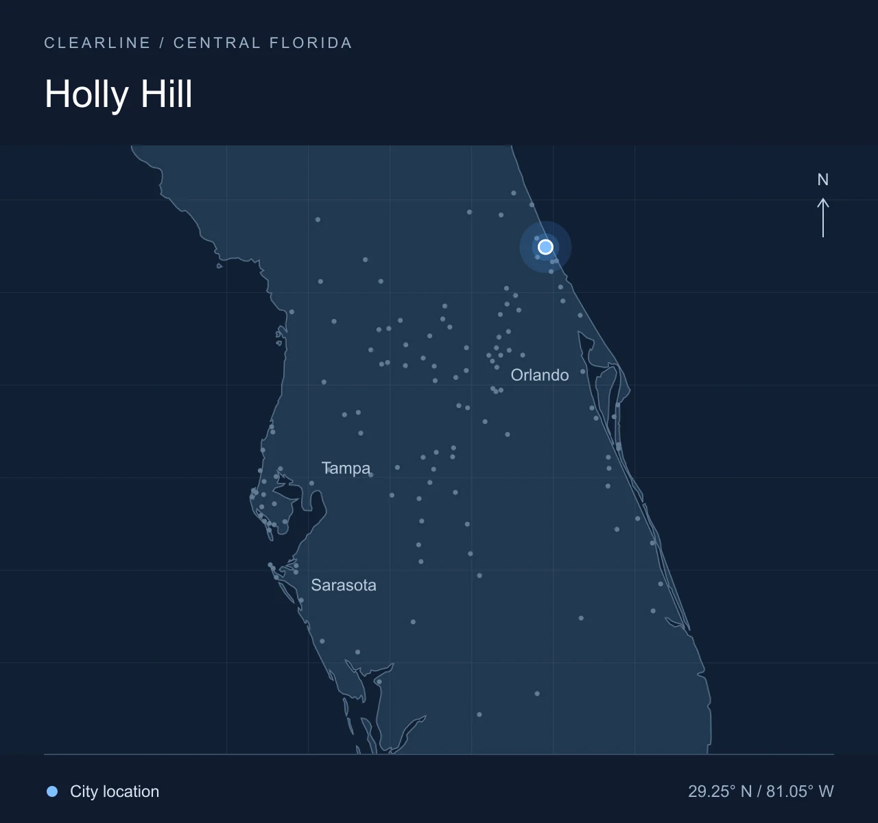 Map highlighting Holly Hill in Central Florida