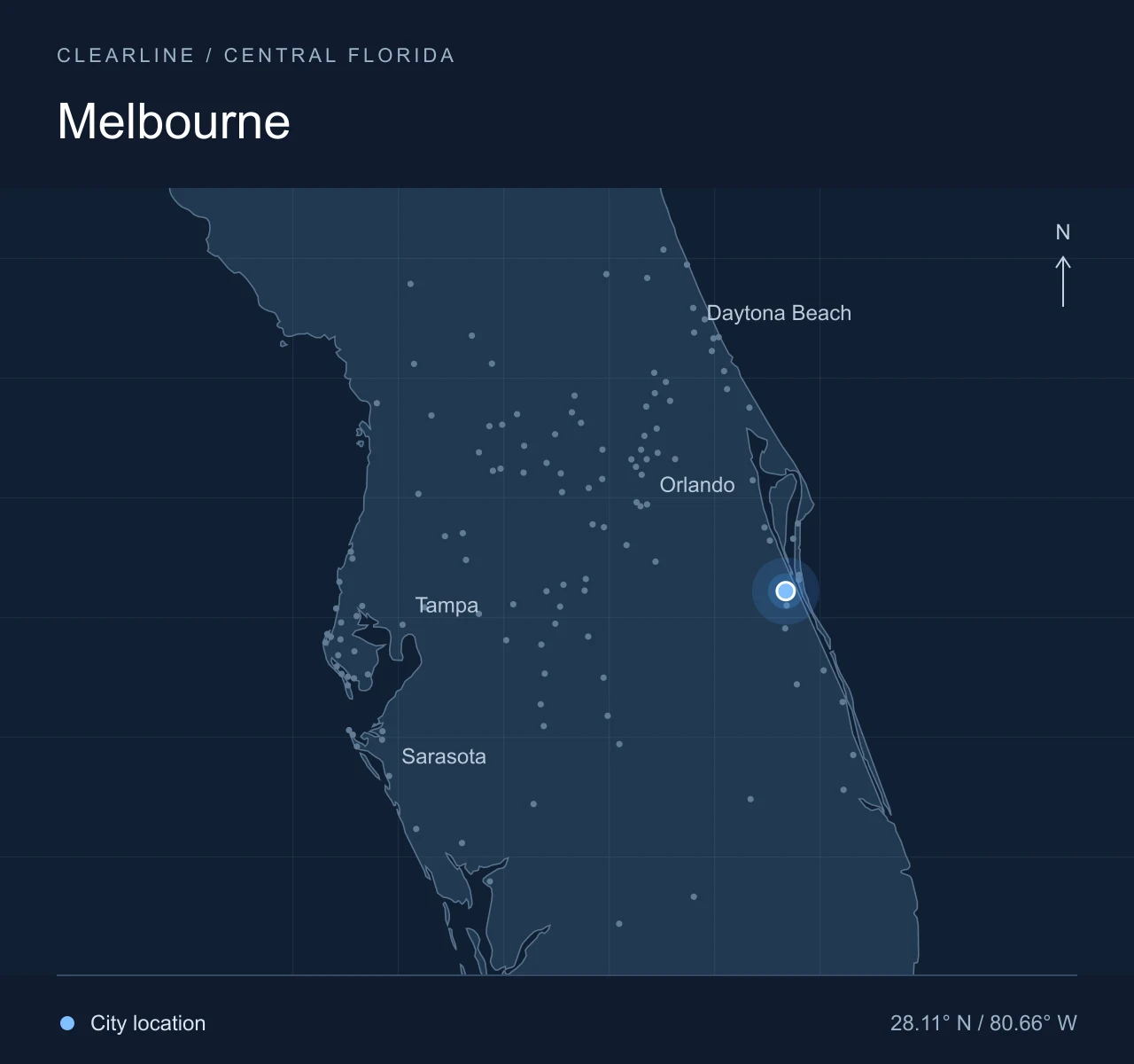 Map highlighting Melbourne in Central Florida