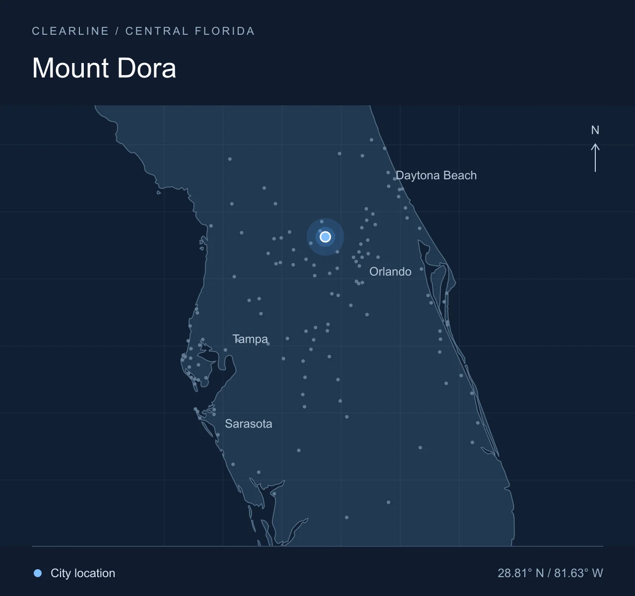 Map highlighting Mount Dora in Central Florida