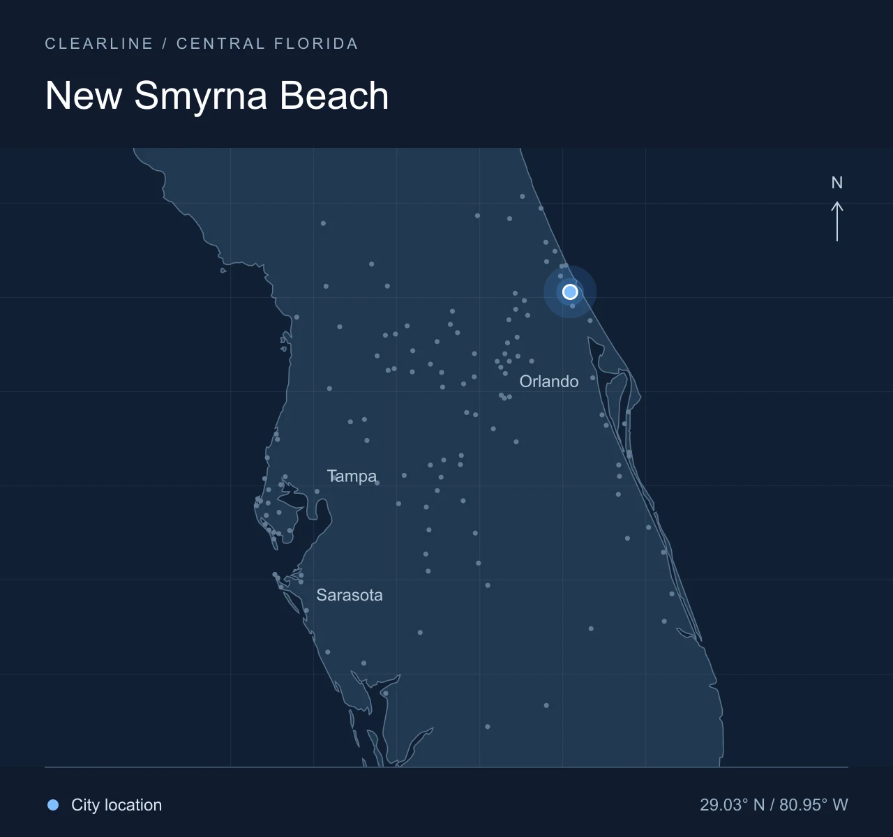 Map highlighting New Smyrna Beach in Central Florida