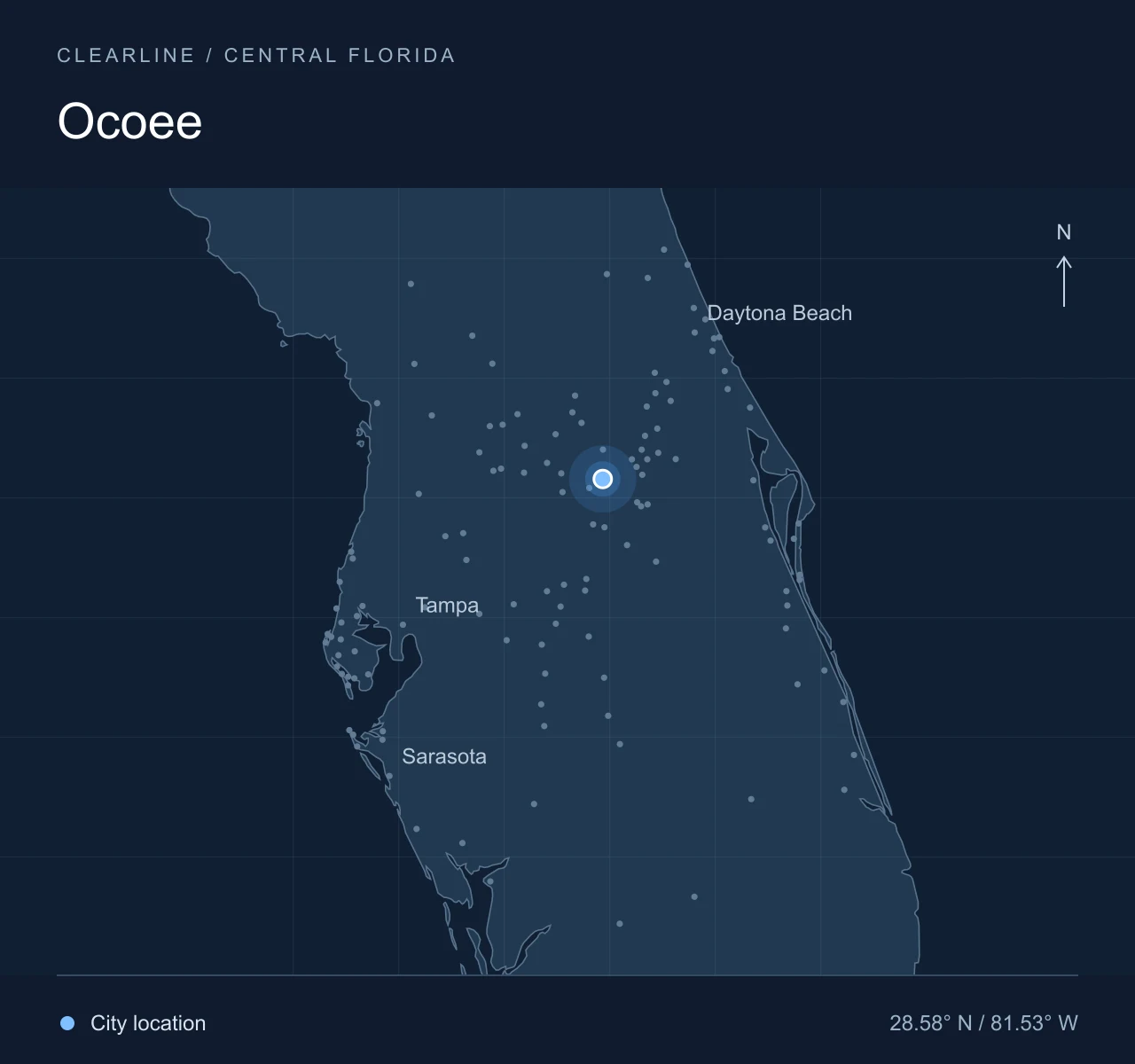 Map highlighting Ocoee in Central Florida