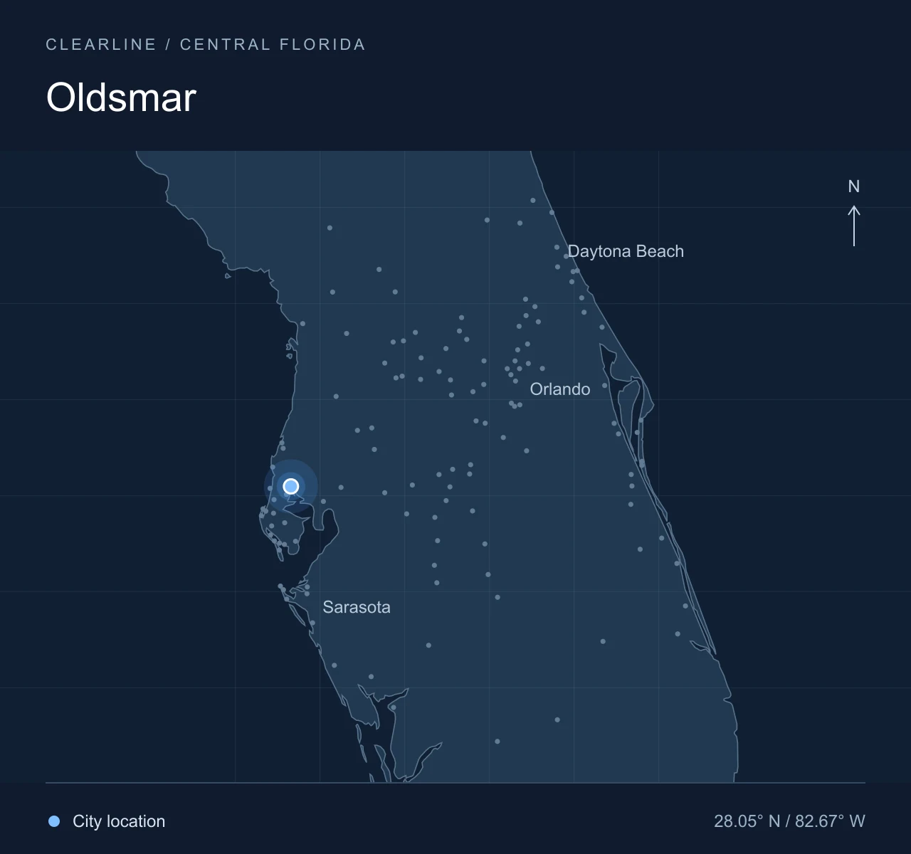 Map highlighting Oldsmar in Central Florida