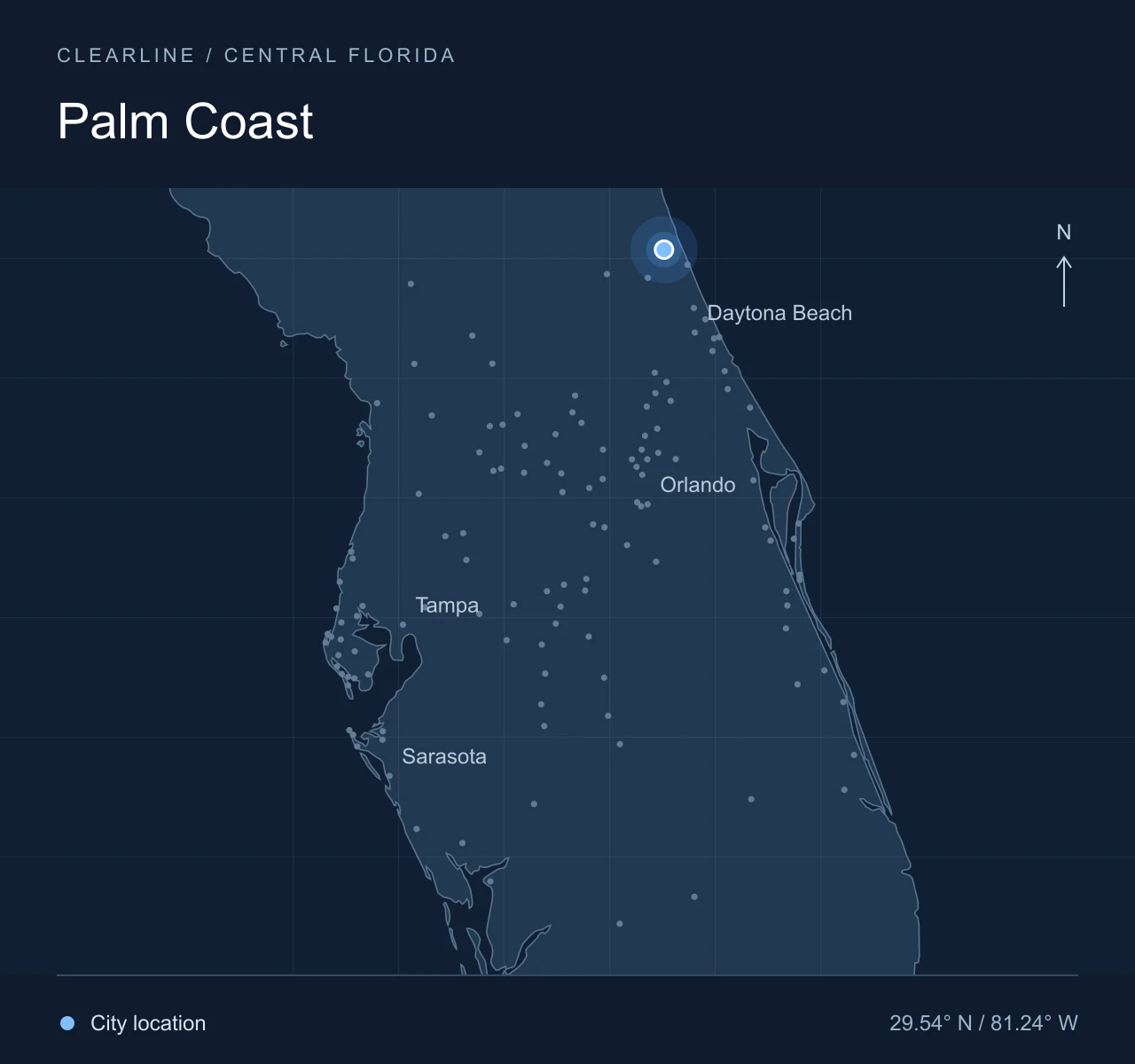 Map highlighting Palm Coast in Central Florida