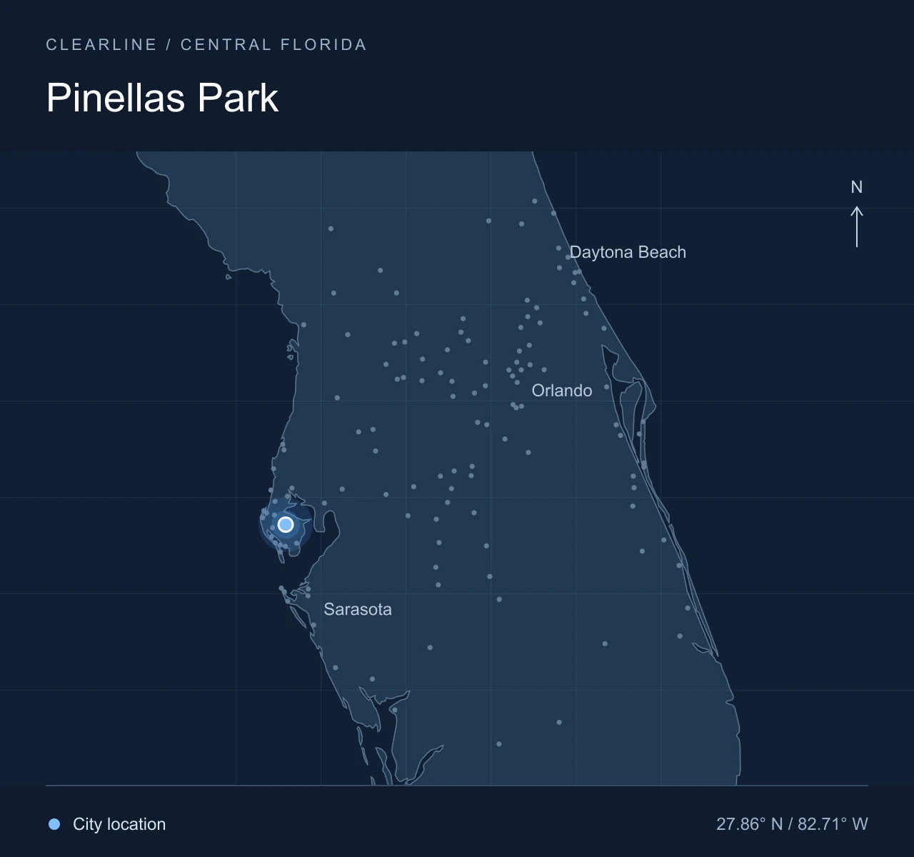 Map highlighting Pinellas Park in Central Florida