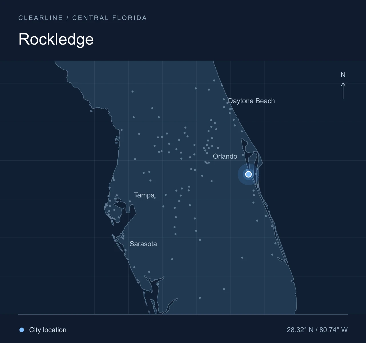Map highlighting Rockledge in Central Florida