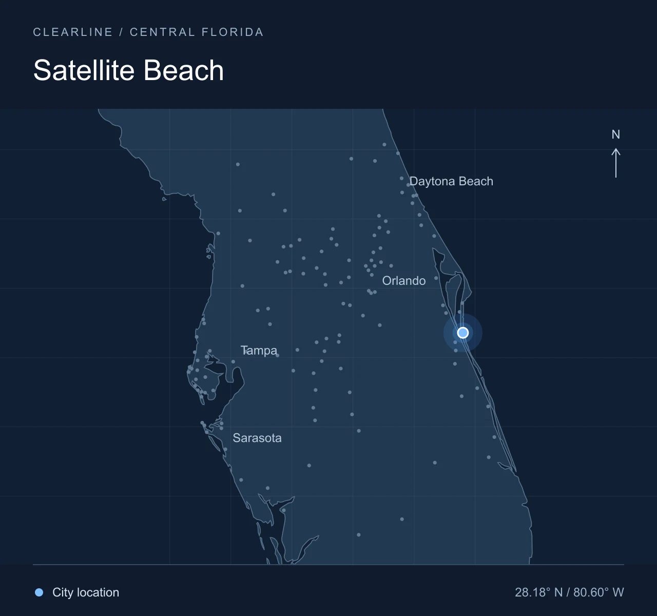 Map highlighting Satellite Beach in Central Florida