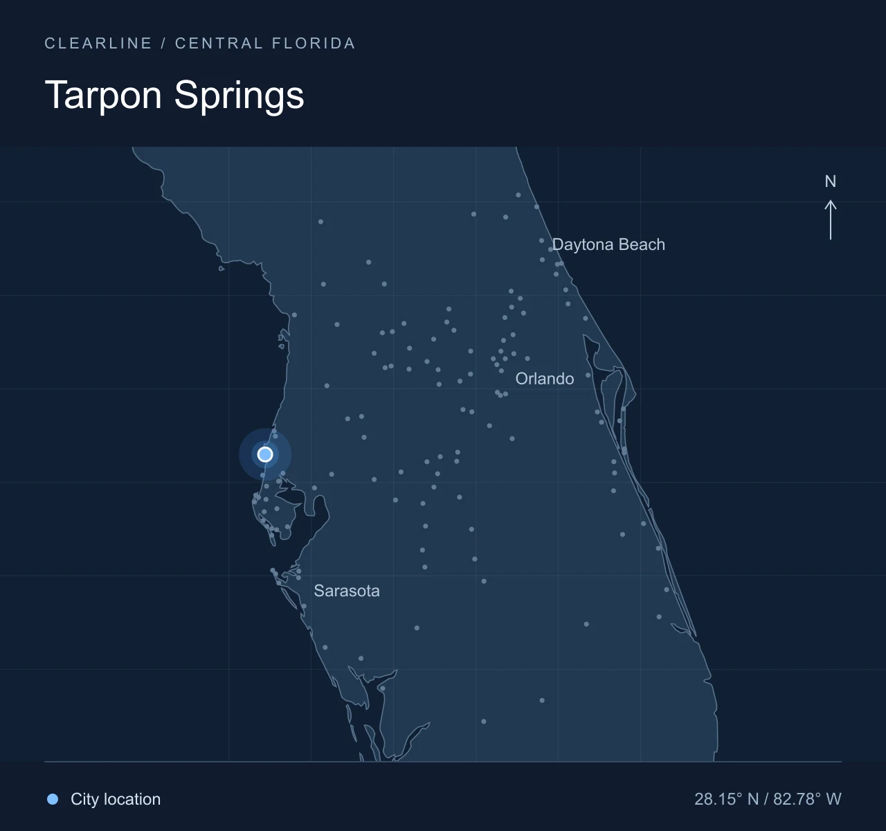 Map highlighting Tarpon Springs in Central Florida