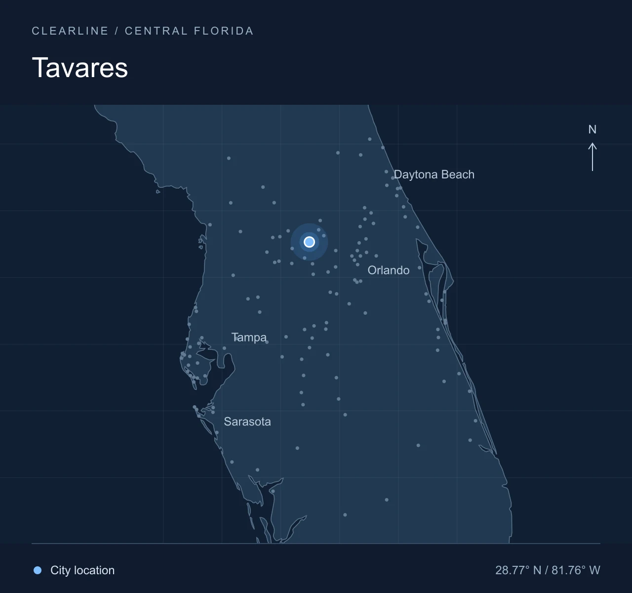 Map highlighting Tavares in Central Florida