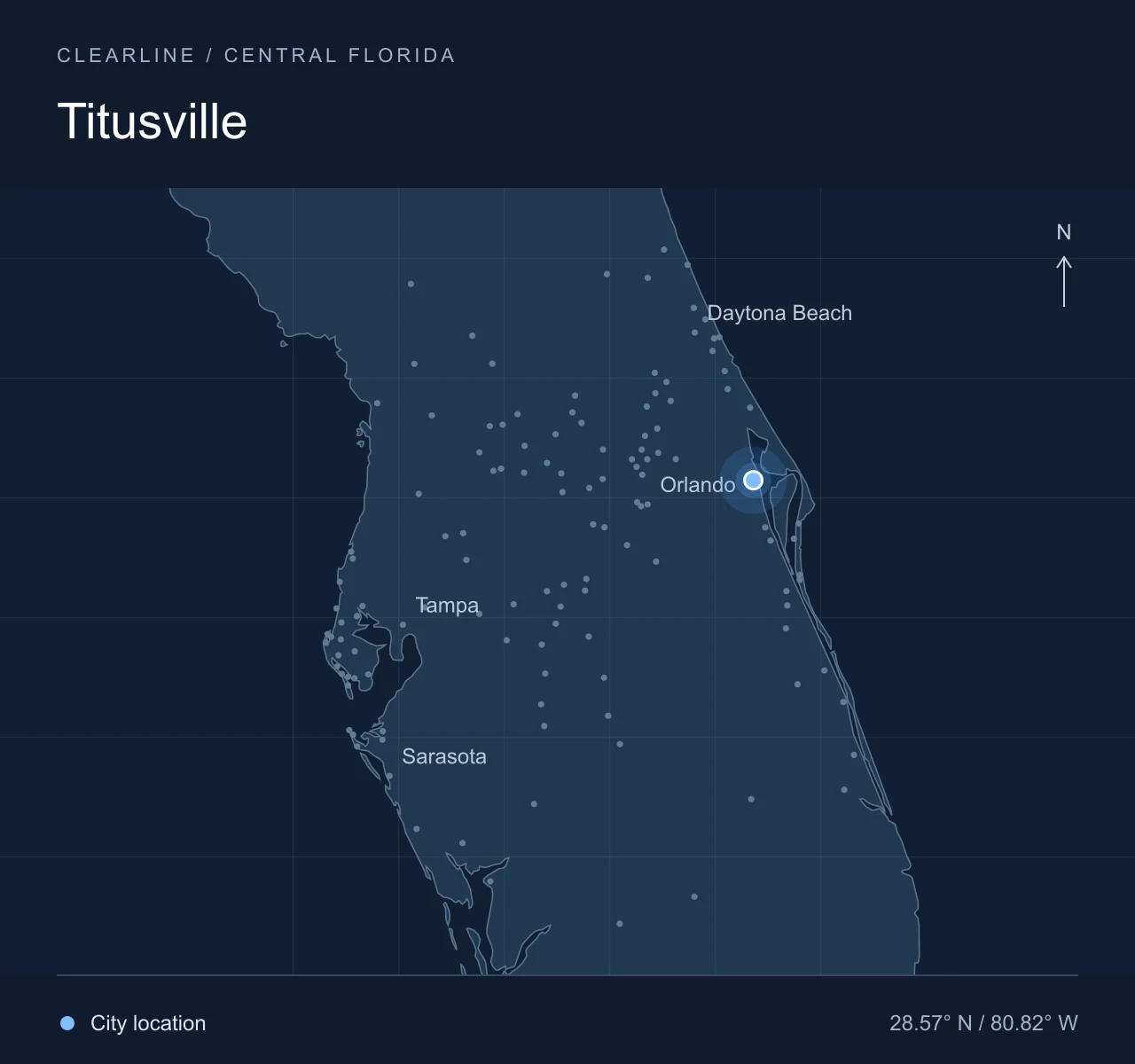 Map highlighting Titusville in Central Florida