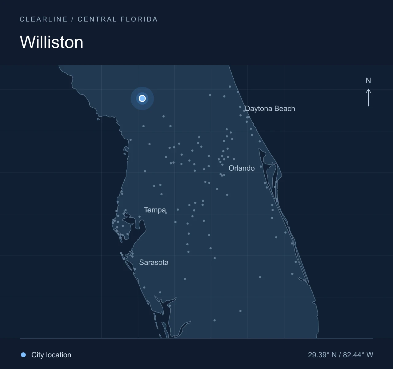 Map highlighting Williston in Central Florida