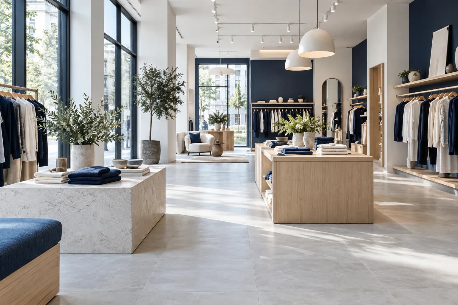 Refined contemporary retail interior with clean floors and orderly displays