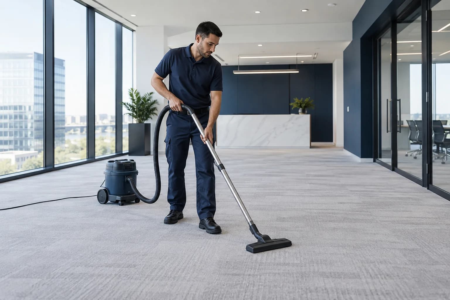Professional vacuuming a vacant modern office suite before a tenant handover