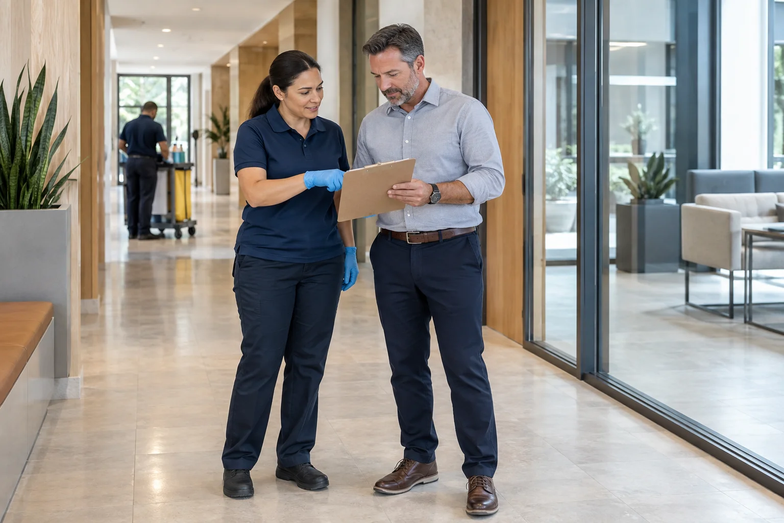 Uniformed cleaning supervisor reviewing a facility plan with a property manager