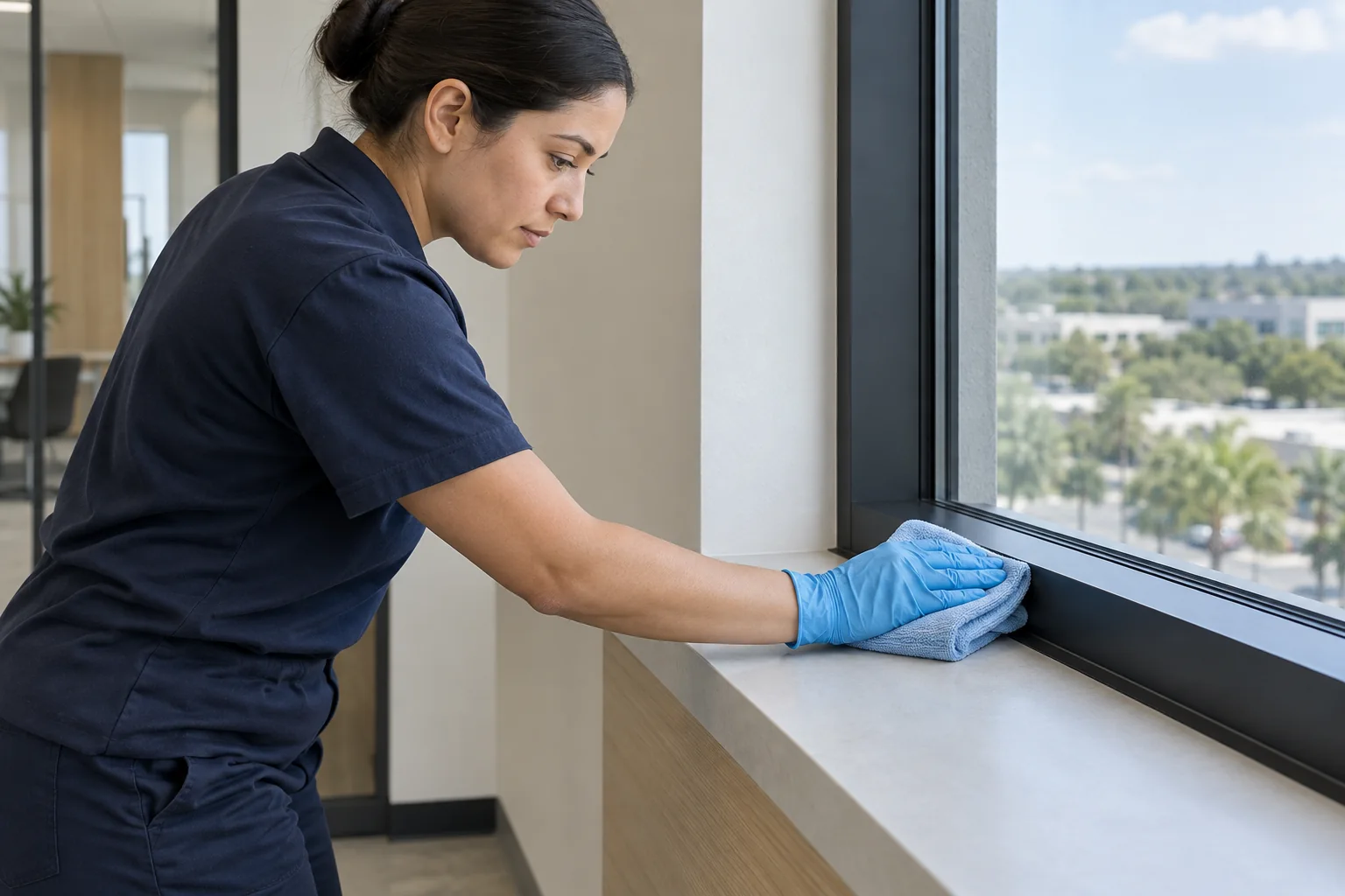 Gloved cleaner wiping a finished window frame and sill with a microfiber cloth