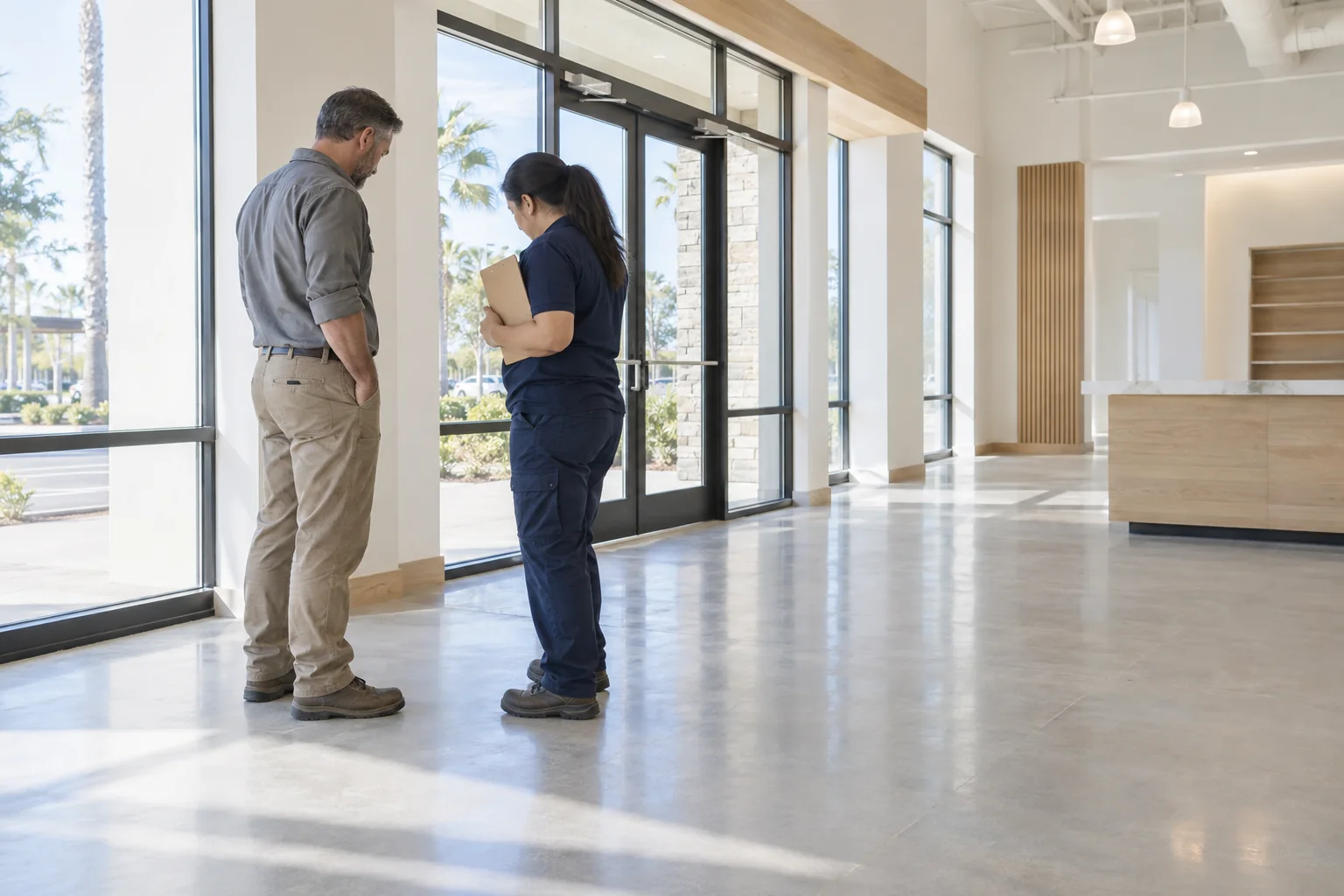 Two professionals reviewing a finished commercial interior with a clipboard